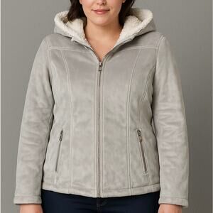 Weatherproof Gray Faux‎ Shearling Lined Jacket Women’s M Winter Zip Hoodie